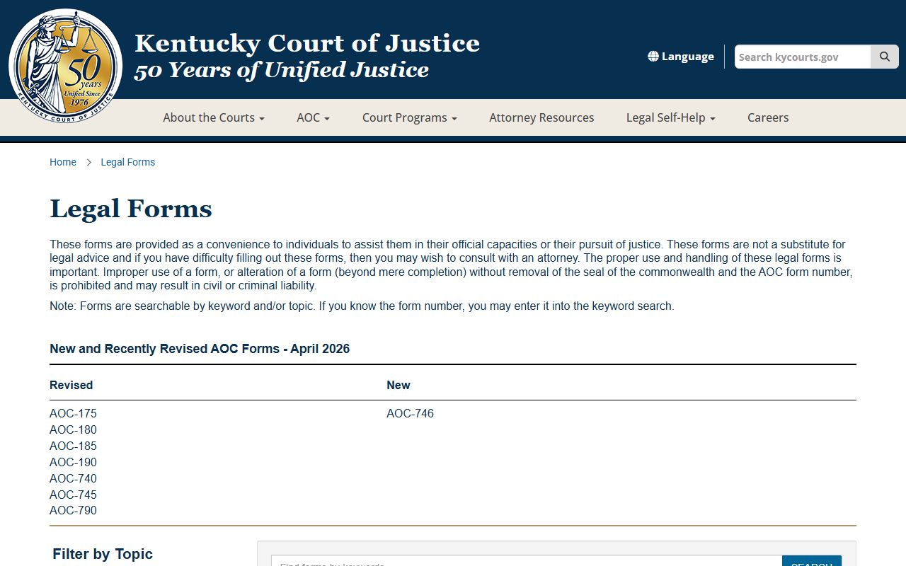 Kentucky Court of Justice legal forms page connected to court filings