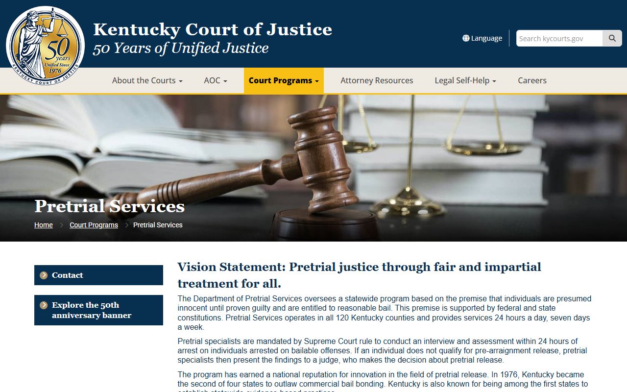 Kentucky Pretrial Services page for release and court appearance context