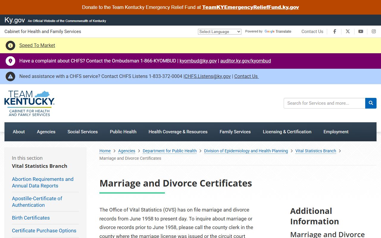 Kentucky Office of Vital Statistics marriage and divorce certificate page for Muhlenberg County records